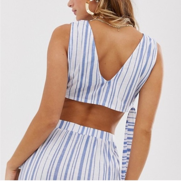 NWT ASOS Maxi Slit  Skirt with side tie crop top set blue and white stipe Small - Picture 4 of 11